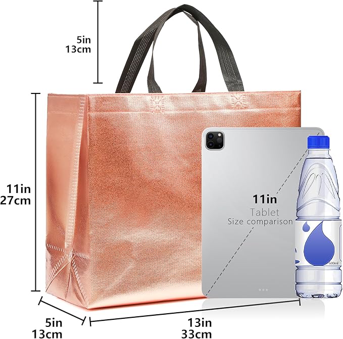 KeerxunBag 12Pcs Reusable Gift Bags（Includes Tissue Paper） Gift bag with handle Birthdays Parties Holidays Weddings Medium 13x5x11in Rose Gold Bags