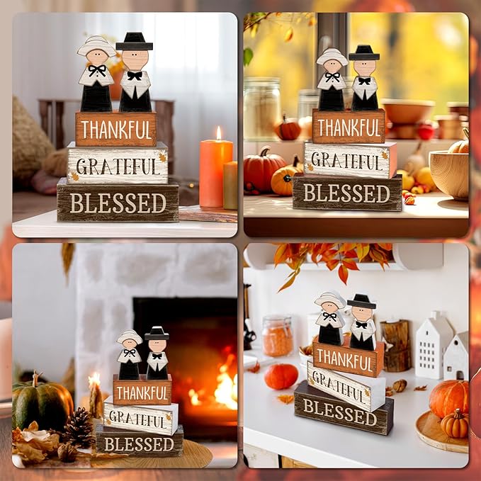 4 Pcs Thanksgiving Table Decoration Wooden Pilgrim Couple Decor Thanksgiving Tiered Tray Decor Fall Centerpiece Rustic Decorative Pilgrim Block Signs Gift Farmhouse for Home Kitchen