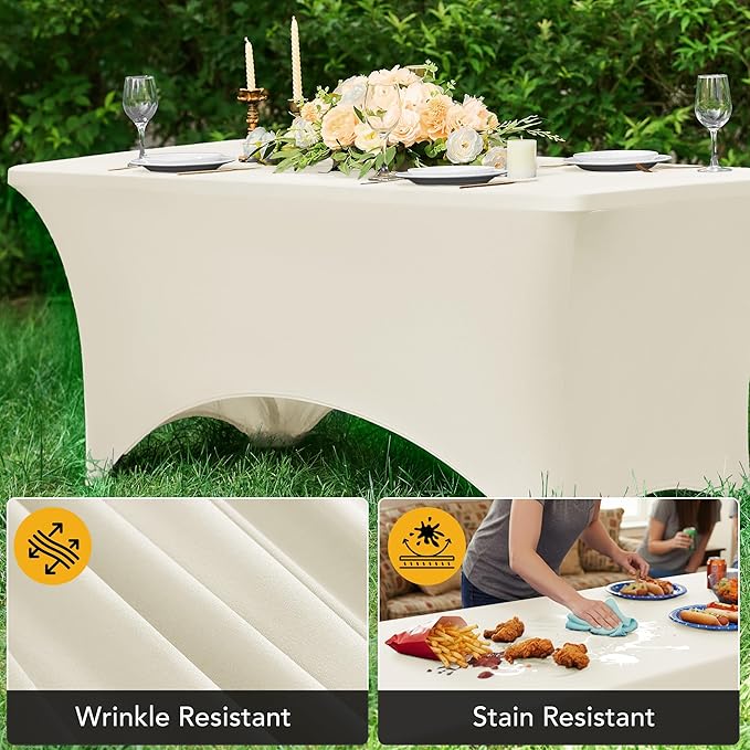 6-Pack Premium Cream Spandex Tablecloths for 8ft Rectangle Tables, Stain & Wrinkle-Resistant, Washable Stretch Polyester Fitted Table Cover for Weddings, Banquets, Trade Shows Events