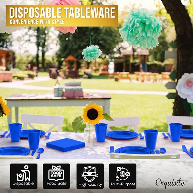 Party Solids 350 Pieces Dark Blue Plastic Plates For Party, Dark Blue Disposable Plates Set, 50 Of Each 9" Dinner Plate Set, 7" Dessert Plate, Cups, Napkins & Cutlery Plastic Dinnerware