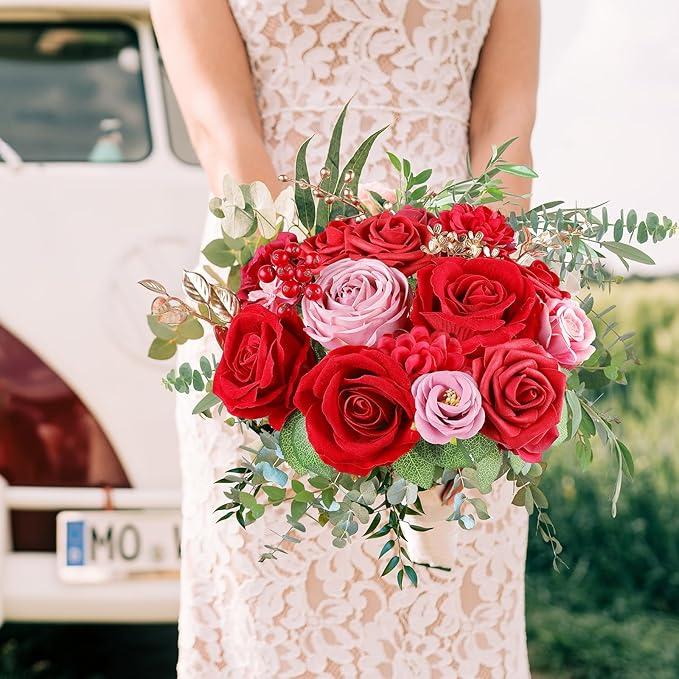 AGIRL Red Artificial Flowers Combo Fake Flowers Red Rose Silk Flowers Fake Floral Arrangements for DIY Wedding Bouquets Centerpieces Table Decor Baby Shower Home Decor