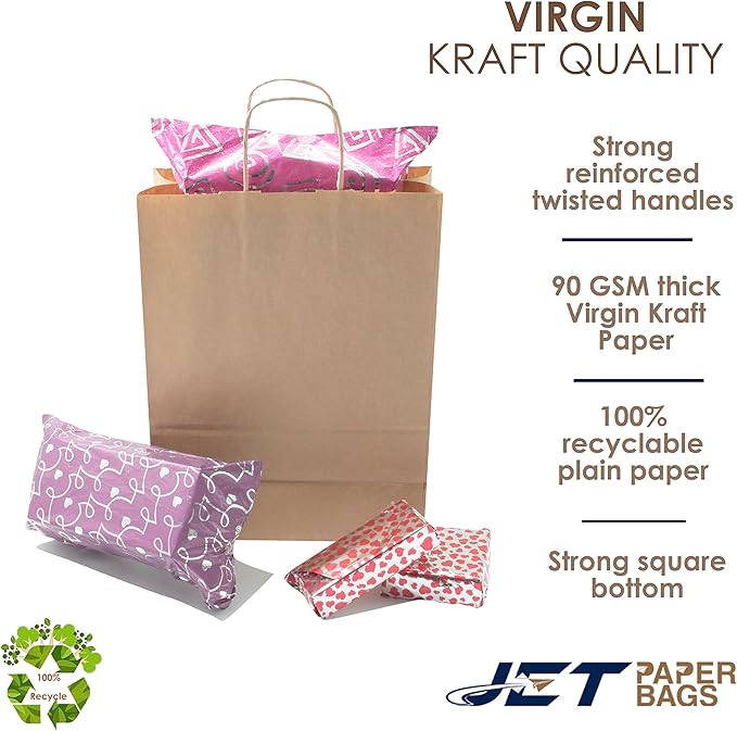 JET PAPER BAGS - 10”x5”x10” Inch [50 Pcs] Medium Brown Paper Bags with Handles Prime for Takeout, Grocery, Goody, Retail, Party, Gifts, Weddings - Recyclable Kraft Paper Gift Bags with Handles