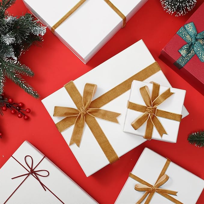 Yilloog 3/8'' 5/8'' 1'' 90 Yards Christmas Velvet Ribbon Vintage Satin Fabric Velvet Ribbon Roll for Christmas Tree Ornaments Decoration Gift Wrapping Bow DIY Crafts (Khaki)