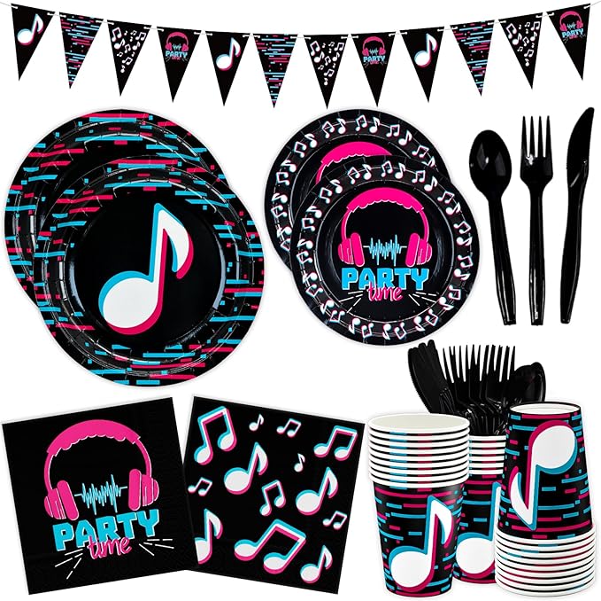DYLIVeS 180 Pcs Music Party Supplies - Music Theme Birthday Party Decorations for Girls - Banner, Plates, Cups, Napkins, Cutlery (Serves 24)