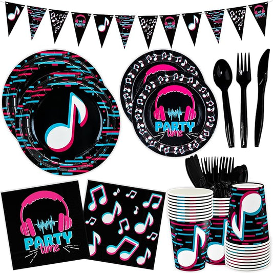 DYLIVeS 180 Pcs Music Party Supplies - Music Theme Birthday Party Decorations for Girls - Banner, Plates, Cups, Napkins, Cutlery (Serves 24)