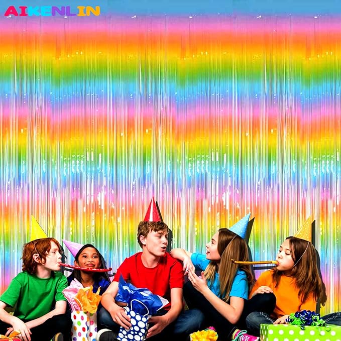 4 Pack 3.2Ft x 9.8Ft Macaron Rainbow Foil Fringe Curtain Backdrop, Foil Fringe Streamers Curtains for Party, Photo Booth Props, Birthday, Wedding, Christmas Party Decoration Supplies