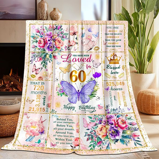 60th Birthday Gifts for Women, Super Soft Unique Fun Purple Butterfly Flower Blanket Gifts for Anniversary Christmas, 60th Birthday Decorations for Women, Cozy Warm Plush Fuzzy Fleece Blanket 60"x50"