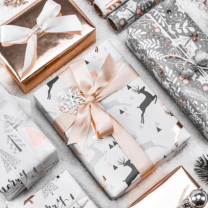 WRAPAHOLIC Christmas Wrapping Paper Set - Rose Gold and Pink Holiday Design with Metallic Foil Shine Wrapping Paper Bundle with Gift Bow & Ribbon & Tag & Sticker