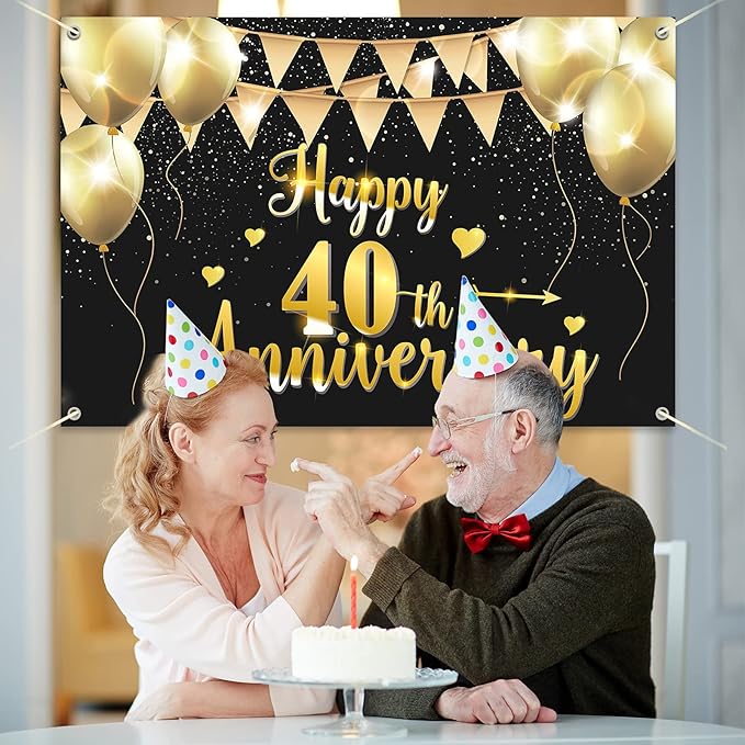 HAMIGAR 6x4ft Happy 40th Anniversary Banner Backdrop - 40 Wedding Anniversary Decorations Party Supplies - Black Gold