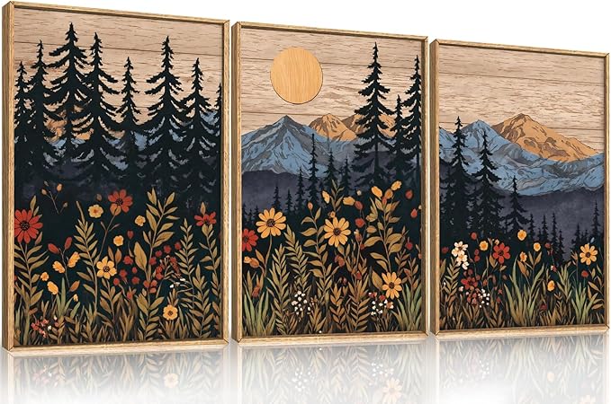 HOURIA Natural Mountain Floral Framed Canvas Wall Art,Modern Sunrise Forest Wall Decor,Boho Wildflower Woodland Landscape Artwork,Wilderness Pine Tree Field Art Print for Living Room,Office-24 x36 x3