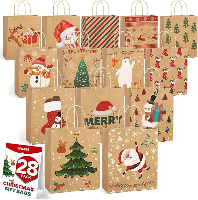 XPCARE 28 Pack Christmas Kraft Gift Bags with Handles, 9x7.5x3.5, Perfect for Holidays, Parties and Presents