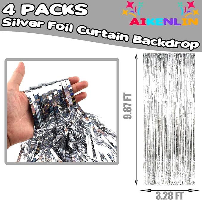 4 Pack 3.2Ft x 9.8Ft Silver Foil Fringe Curtain Backdrop, Metallic Tinsel Foil Fringe Streamers Curtains for Party, Photo Booth Props, Birthday, Wedding, Christmas Party Decoration Supplies
