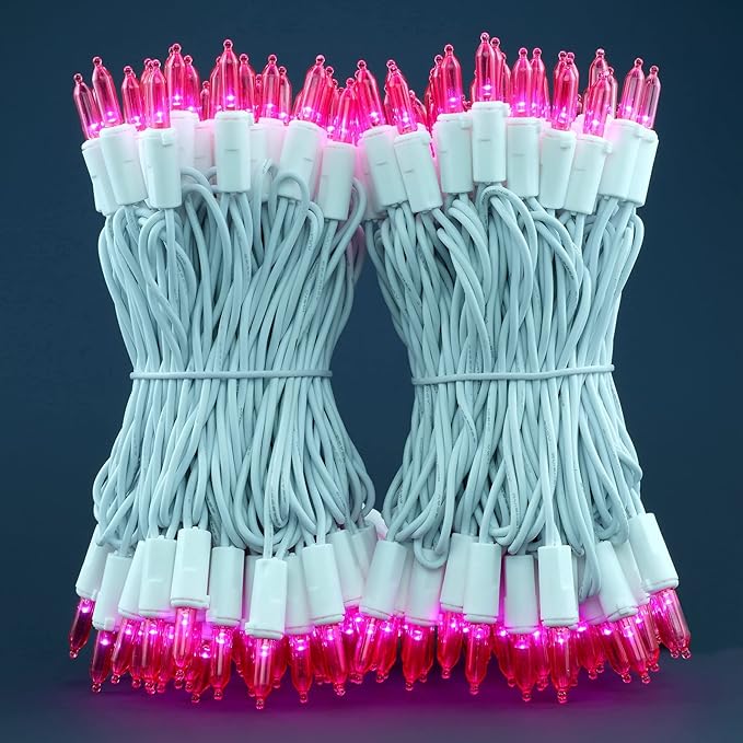 200 Count Pink LED Christmas Lights, 66 ft White Wire UL Certified Commercial Grade Holiday String Light Set (Pink)