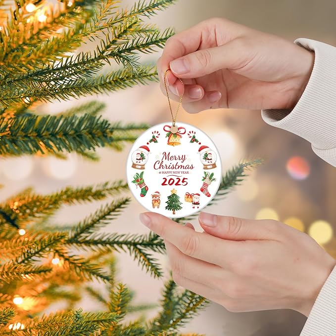Christmas Ornaments 2025 – 3 Inch Round Tree Decoration Ornaments, Double-Sided Holiday Keepsake Gift for Family, Friends & Couples | Merry Christmas & Happy New Year Ceramic Ornament with Gift Box.