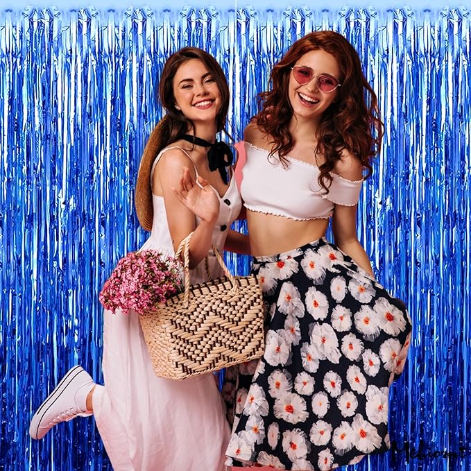 4 Pack Blue Fringe Curtain Backdrop, 3.2Ft x 9.8Ft Metallic Tinsel Foil Fringe Streamers Background for Photo Booth Birthday Wedding Baby Shower Easter Shark Pool Ocean Underwater Party Decorations