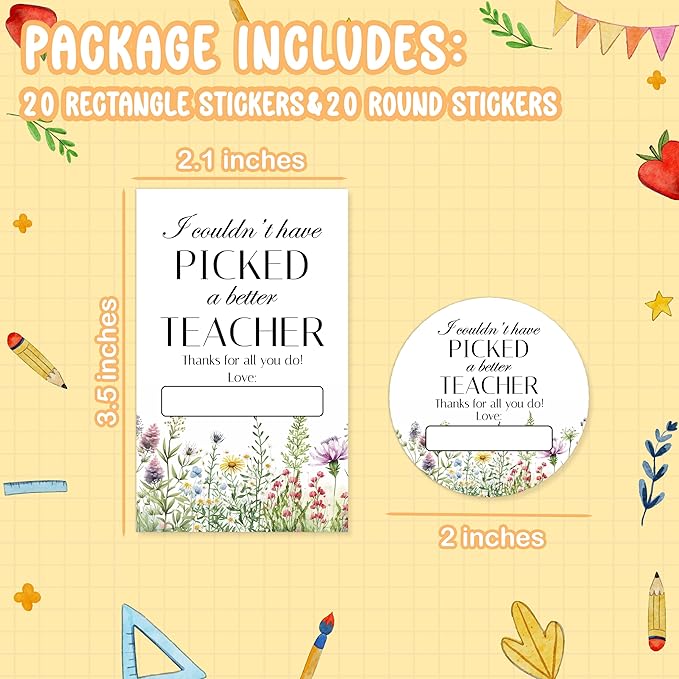 Teacher Appreciation Gift Tags, 40 Pcs Thank You Tags, Wild Flowers Stickers for Presents Wrapping Envelope Seals Lables Boxes Cards Party Favor Decorations A03