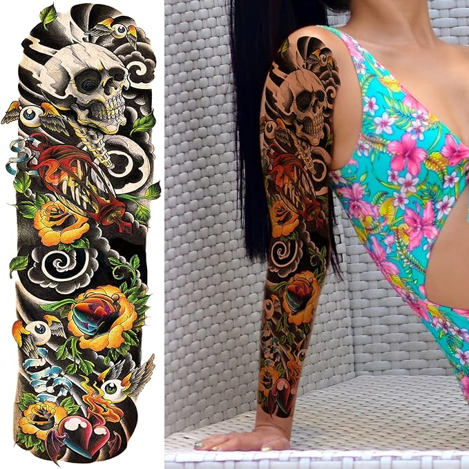 Colorful Temporary Tattoo Sleeve for Kid, 4-Sheet Full Arm Watercolor Realistic Fake Sleeve Tattoo Sticker Halloween and 4-Sheet Large Skull Joker Half Temp Tatoo Boy Girl Leg Party Favor Body Art