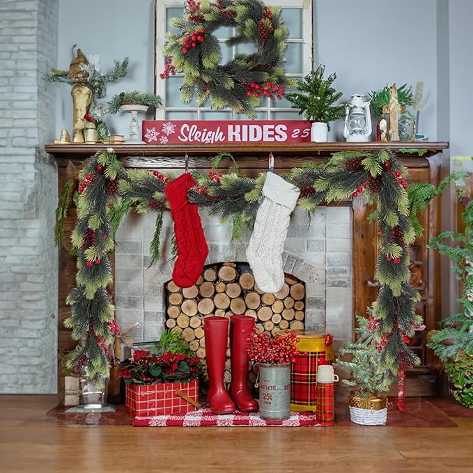 RECUTMS Christmas Garland with Red Berries Decorative Pine Cones and Artificial Holly Berries Artificial Garland for Indoor and Outdoor Greenery Wreath for Holiday Home Table Decor(Light Green)