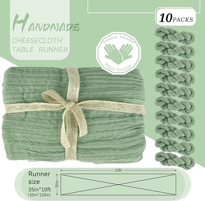 10 Packs Sage Green Cheesecloth Table Runner, 10Ft x 35" Sage Rustic Gauze Boho Wedding Table Decor