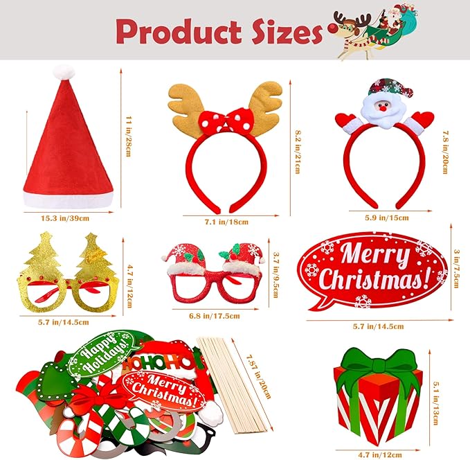 52 Pcs Christmas Photo Booth Props Kit, 20Pcs Glitter Eyeglasses Frame Hats Hairhoop and 32Pcs DIY Selfie Pose Signs for Xmas Party Decoration, Funny Christmas Holiday Party Favor Supplies for Adults