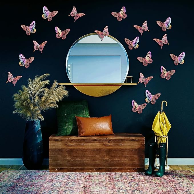 Laser Rose Gold Butterfly Wall Decor, 48Pcs Removable Graduation Grad Cap Decorations Cake Cupcake Toppers, 2 Styles 3 Sizes Paper Butterflies Stickers for Birtthday Party Baby Shower Girl Room Decals