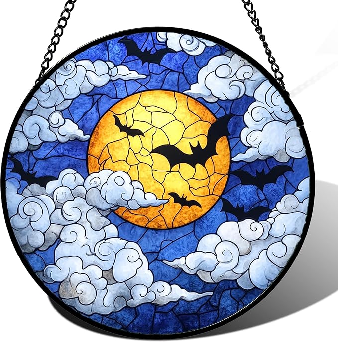 Stained Glass Window Hanging - Halloween Decorations Bats Moon Clouds Suncatcher for Doors Garden Indoor Spooky Funny Sun Catchers Gothic Decor Horror Gifts for Women Men Friend 6.3 in