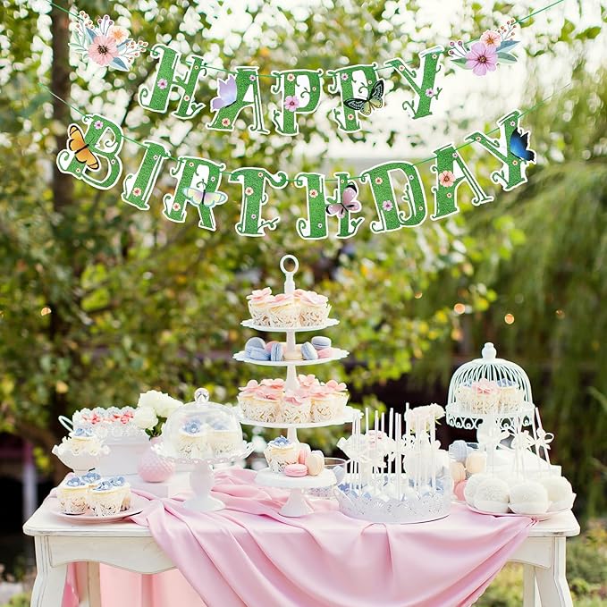 SUNBEAUTY Summer Wildflower Happy Birthday Banner Green Spring Butterfly Flowers Banner Summer Spring Butterfly Birthday Garland Sign Party Decorations Set | Pre-Strung