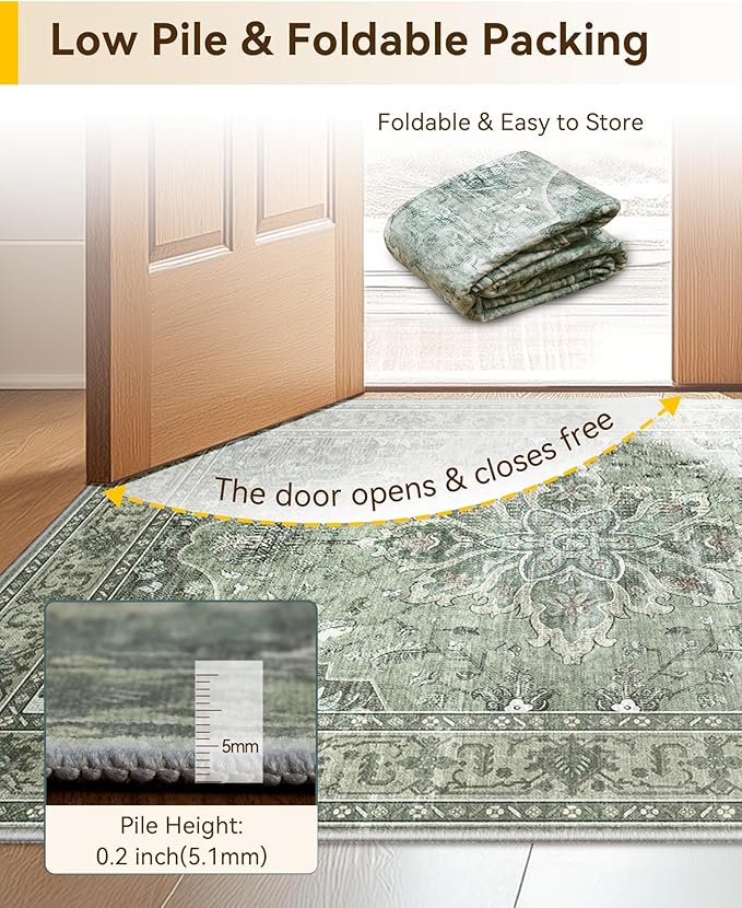 Area Rugs 5'x8' Washable Non-Slip, Floral Vintage Distress Print Pattern Medallion Carpet for Living Room Bedroom Dining Room, Dark Green Gray