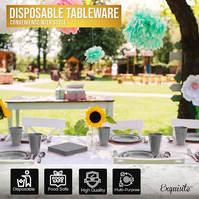 Party Solids 350 Pieces Silver Plastic Plates For Party, Silver Disposable Plates Set, 50 Of Each 9" Dinner Plate Set, 7" Dessert Plate, Cups, Napkins & Cutlery Plastic Dinnerware