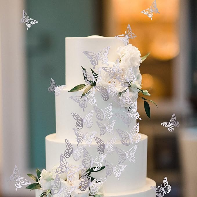 40 PCS Laser 3D Butterfly Cupcake Toppers - Hollow Arts Cake Decorations for Baby Shower, Wedding, Fairy Birthday Party Supplies - Wall Sticker Decoration Mixed Styles Silver