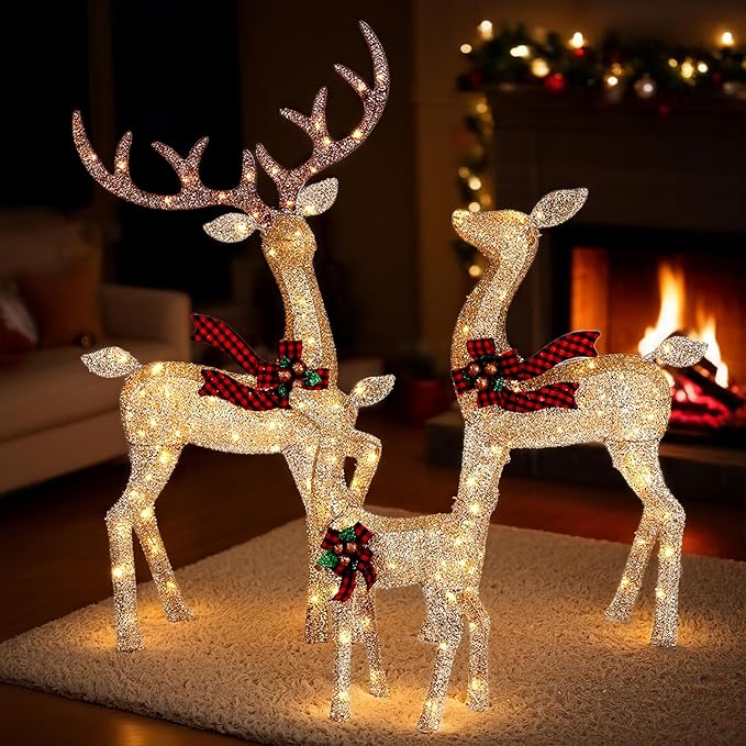 3-Piece Large Lighted Christmas Deer Family Set, Christmas Indoor and Outdoor Decoration with 225 Warm White LED Lights, Ground Pegs, Cable Ties. Suitable for Patio Lawn Garden Party-Champagne