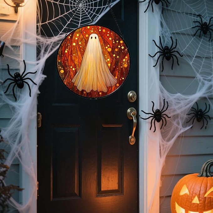 Stained Glass Window Hanging - Halloween Decoration Glowing Forest Ghost Suncatcher for Door Garden Spooky Orange Sun Catchers Gothic Decor Horror Gifts for Women Men Friend Boy Girl 7.8 in