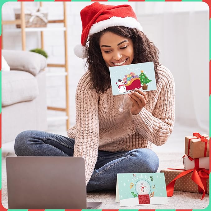 24Set Christmas Thank You Card with Envelopes and Stickers Xmas Greeting Cards Gift Box Santa Christmas Tree Thank You Christmas Cards with Envelope Holiday Thank You Card for Xmas Holiday (Snowman)