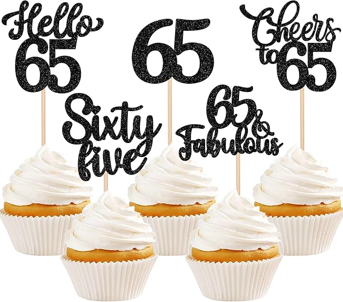 30PCS Happy 65th Birthday Cupcake Toppers Glitter Hello 65 Fabulous Sixty Five Cheers to 65 Years Old Birthday Cupcake Picks for Happy 65th Birthday Anniversary Party Cake Decorations Supplies Black