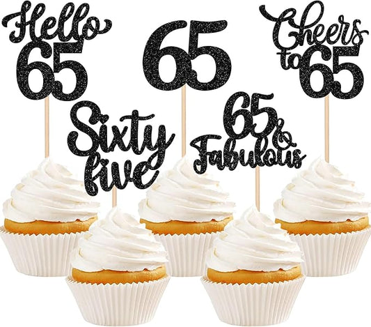 30PCS Happy 65th Birthday Cupcake Toppers Glitter Hello 65 Fabulous Sixty Five Cheers to 65 Years Old Birthday Cupcake Picks for Happy 65th Birthday Anniversary Party Cake Decorations Supplies Black