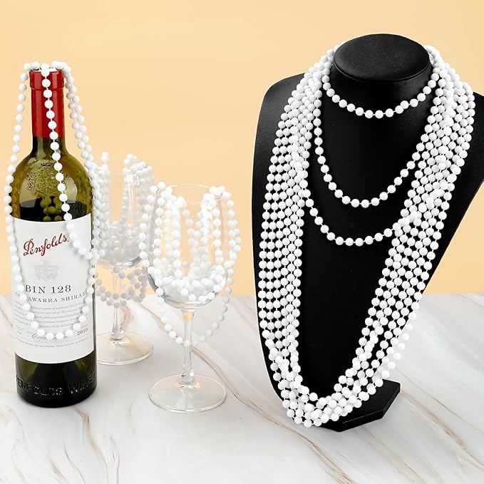 SHAOQINLIN 24 PCS White Bead Necklace, White Mardi Gras Beads, 4th of July Necklaces, 33‘’ Round Party Beads for Patriotic Day, Christmas, Carnival Party Favors