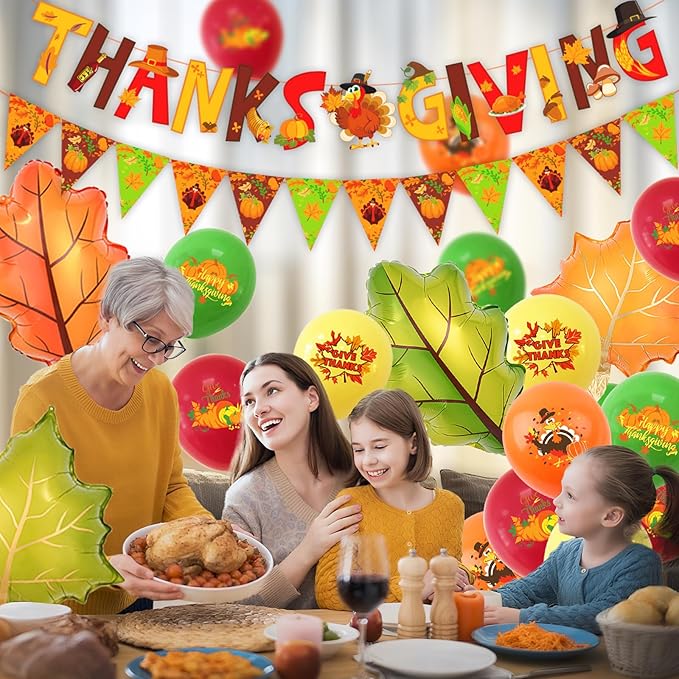 Thanks Giving Banners Large Maple Leaves Foil Balloons, Turkey Pumpkin Bunting Banners Latex Fall Balloons for Thanksgiving Day Party Decorations