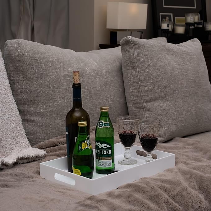 Glossy White Sturdy Acrylic Serving Tray with Handles 10x15x2H Inches -Spill Proof- Decorative Trays Countertop Organizer for Ottoman Coffee Table Nightstand, sidetable, Breakfast, Tea, Food