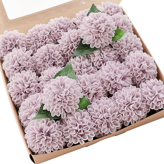Floroom Artificial Dahlia Flowers 25pcs Real Looking Pale Lavender Foam Fake Roses with Stems for DIY Wedding Bouquets White Bridal Shower Centerpieces Floral Arrangements Party Tables Home Decoration