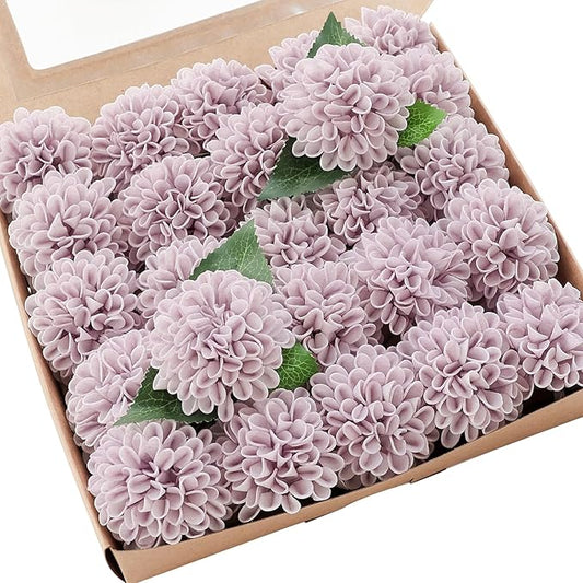 Floroom Artificial Dahlia Flowers 25pcs Real Looking Pale Lavender Foam Fake Roses with Stems for DIY Wedding Bouquets White Bridal Shower Centerpieces Floral Arrangements Party Tables Home Decoration