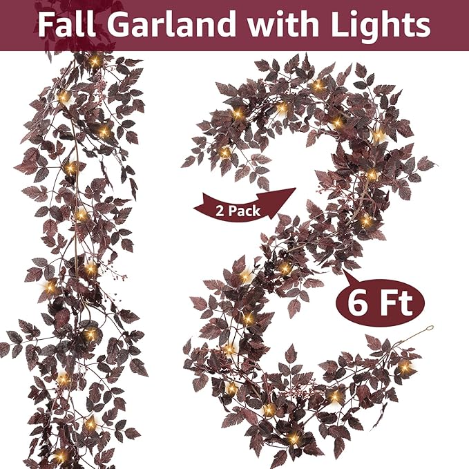 Neutral Fall Garland for Mantle Fireplace - 2 Pack 6Ft Plum Cimicifuga Seeded Leaf Garlands Purple Autumn Decor Table Decorations for Home Indoor Door Halloween Realistic Leaves Garlands Outdoor