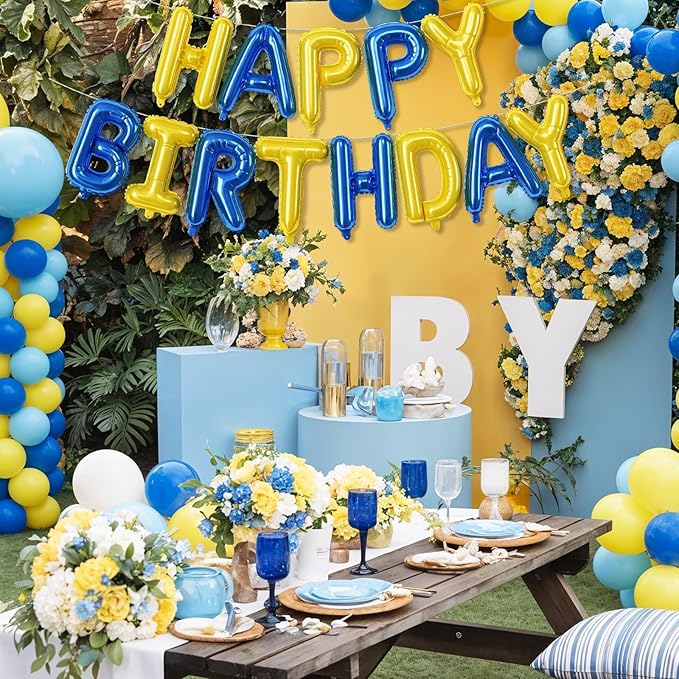 Blue and Yellow Happy Birthday Balloon Banner, 16 Inch Blue Gold Happy Birthday Bunting Banner Letter Foil Balloons for Boys Soccer Club Theme Cartoon Style Birthday Party Decorations Supplies