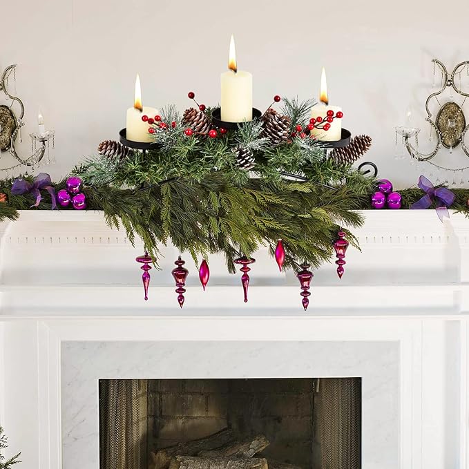DearHouse Christmas Candle Holder Centerpiece,Pine Cones and Red Berry Table Centerpiece with 3 Candle Holders Table Accent Centerpiece for Festival Home Decoration 20"x10"x6.1"(L x W x H)