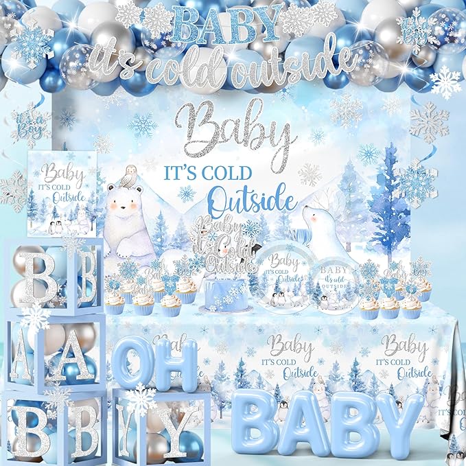 Baby Its Cold Outside Baby Shower Decorations,Pink Winter Wonderland Baby Shower Decorations Plates Napkins Cup Backdrop Banner Swirls Tablecloth Balloons Box for Boy Winter baby Shower Decorations