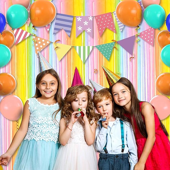 3 Pack Rainbow A Foil Fringe Curtains Backdrop, 3.28 x 8.2 Ft Metallic Streamers Tinsel Curtains Background for Photo Booth, Birthday, Christmas, Halloween, Thanksgiving, New Year Party Decorations
