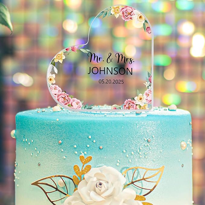 Custom Wedding Heart Acrylic Plaque,Mr & Mrs Cake Topper,Personalized Wedding Keepsake/Gift/Sign (Style 10)