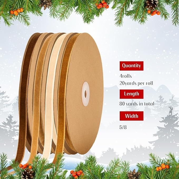 Chuangdi 80 Yards Christmas Velvet Ribbon, 4 Rolls 5/8" Vintage Thin Ribbon for Xmas Gift Wrapping Christmas Tree Wreath Ornaments DIY Crafts Decoration, Brown Khaki