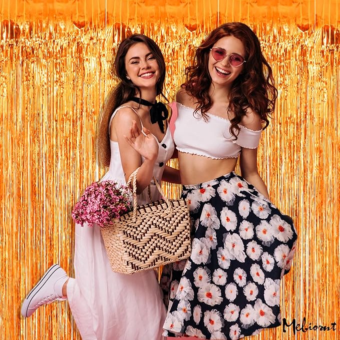4 Pack Orange Fringe Curtain Backdrop, 3.2Ft x 9.8Ft Metallic Tinsel Foil Fringe Streamers Background for Photo Booth Birthday Wedding Baby Shower Carnival Easter Mother’s Day Party Decorations