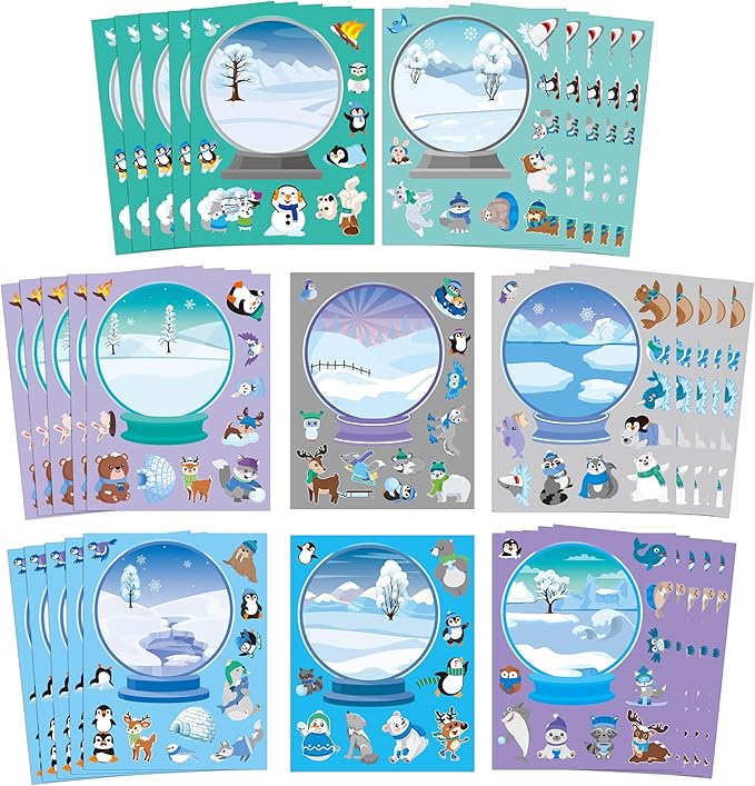 CY2SIDE Winter Polar Animals Make-a-Face Sticker Sheets - 40PCS Make Your Own Winter Crystal Ball Stickers Craft Games for Kids School Rewards DIY Winter Christmas Party Favors for Kids Home Project
