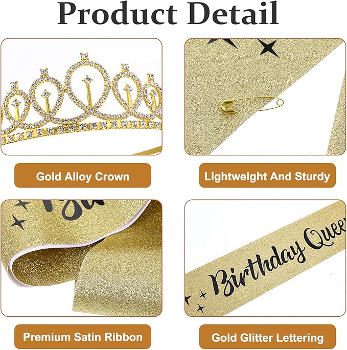 Elegant 2Piece Gold Crown and Ribbon Set, Deluxe Birthday Tiara for Women with Sash, Princess Party Accessories for Birthday Celebration, Halloween Cos-play Costume,Christmas